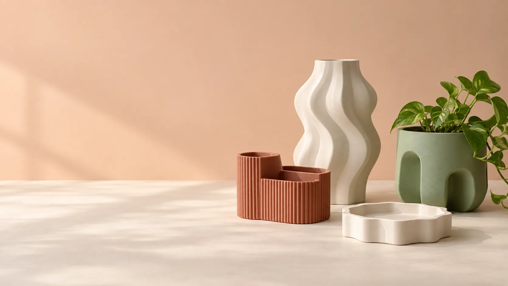 A collection of small 3D printed decor pieces on a warm tabletop